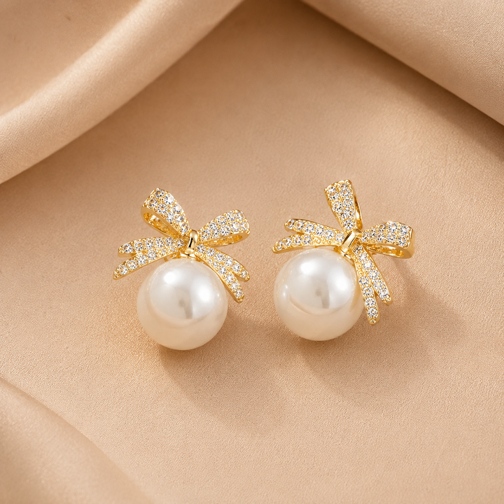 Eloise | Vintage Pavé Bow &amp; Faux Pearl Stud Earrings