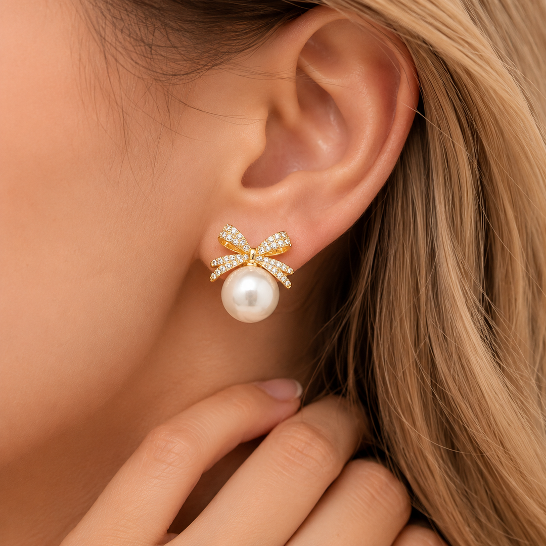 Eloise | Vintage Pavé Bow &amp; Faux Pearl Stud Earrings
