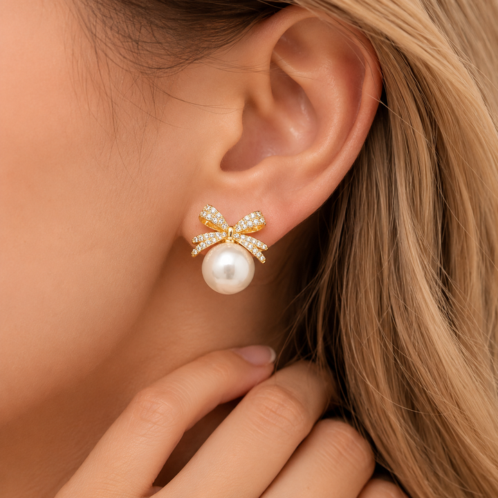 Eloise | Vintage Pavé Bow &amp; Faux Pearl Stud Earrings