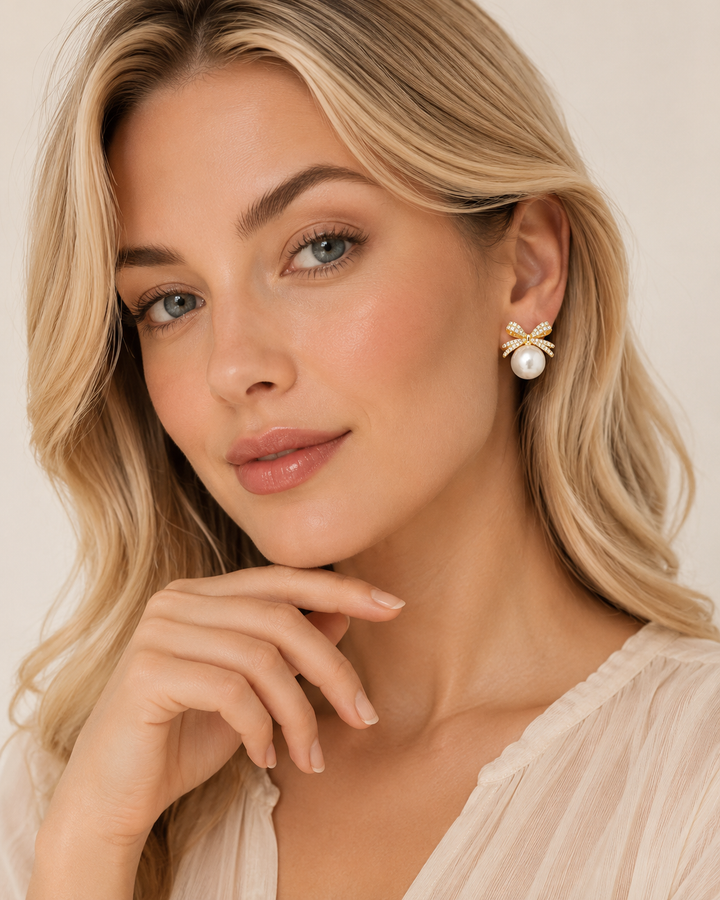 Eloise | Vintage Pavé Bow &amp; Faux Pearl Stud Earrings