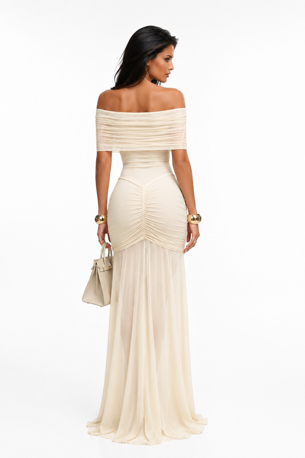 Piroska | Ivory Ruched Mesh Maxi Dress