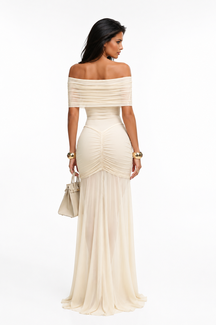 Piroska | Ivory Ruched Mesh Maxi Dress