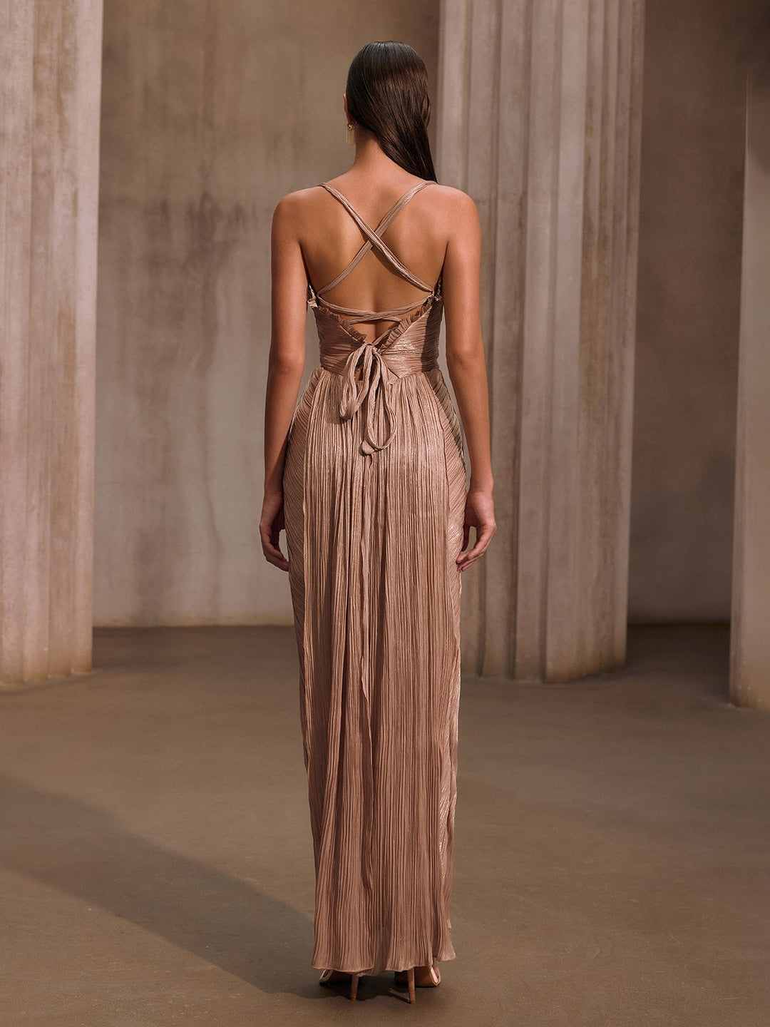 Elysie | Metallic Pleated Corset Maxi Dress