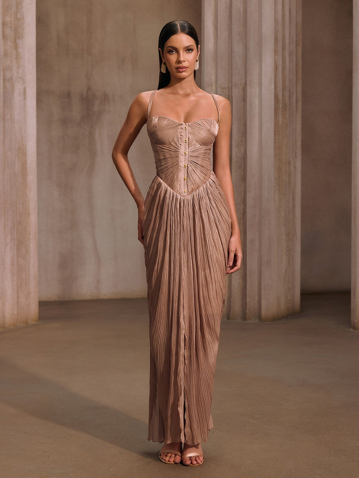 Elysie | Metallic Pleated Corset Maxi Dress
