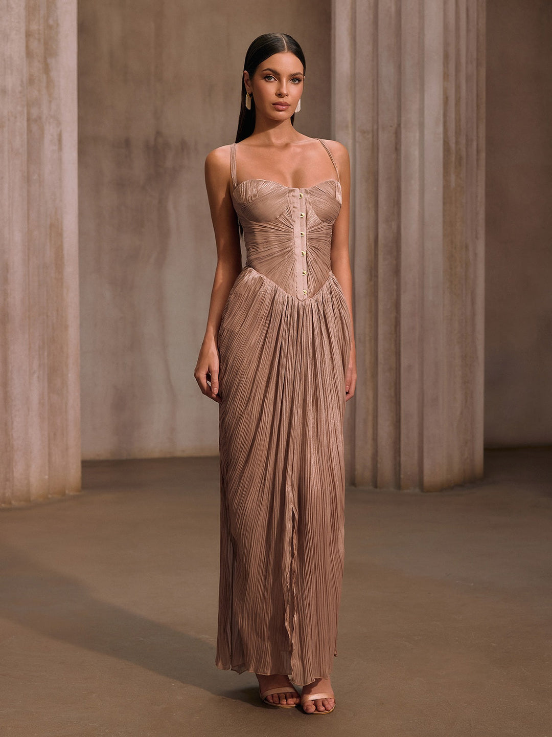Elysie | Metallic Pleated Corset Maxi Dress