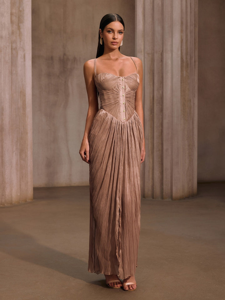 Elysie | Metallic Pleated Corset Maxi Dress