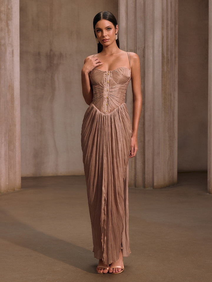 Elysie | Metallic Pleated Corset Maxi Dress
