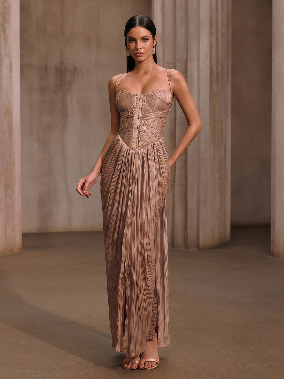 Elysie | Metallic Pleated Corset Maxi Dress