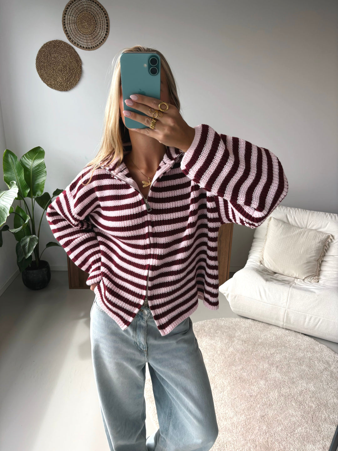 Marlie | Striped Knit Zip-Up Hooded Cardigan