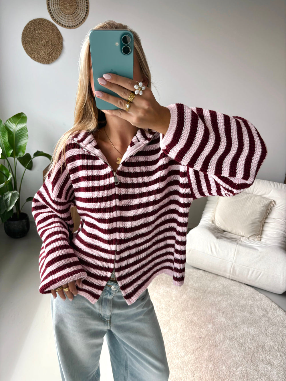 Marlie | Striped Knit Zip-Up Hooded Cardigan