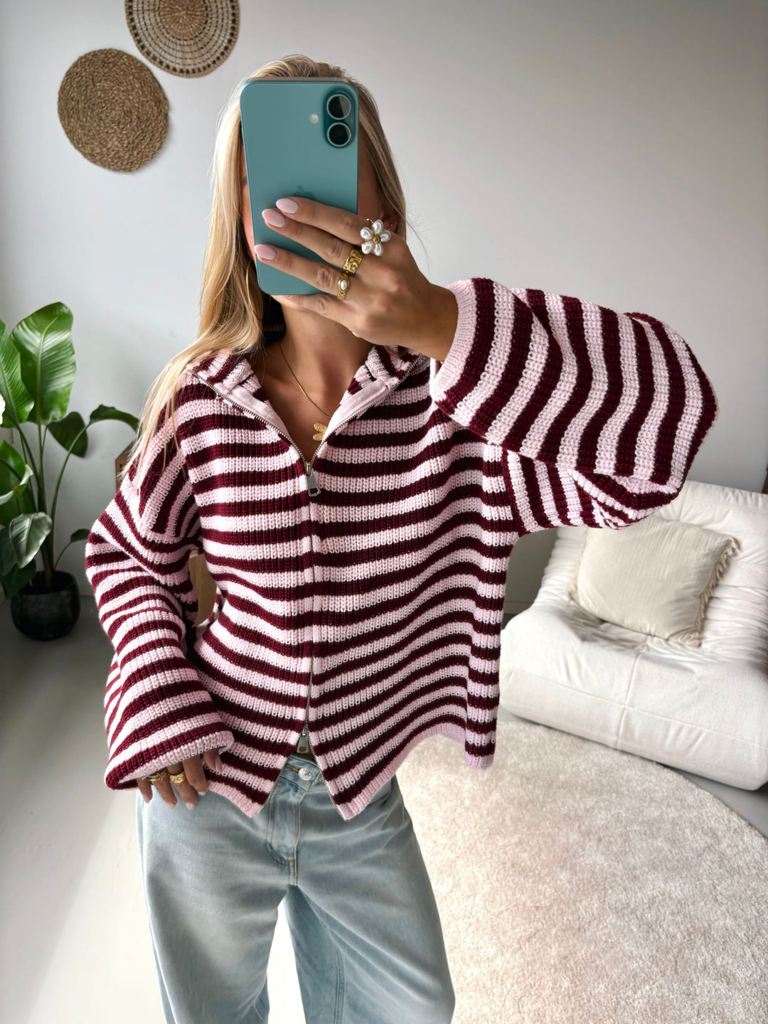 Marlie | Striped Knit Zip-Up Hooded Cardigan