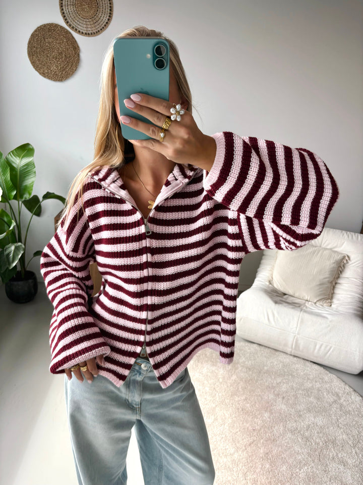 Marlie | Striped Knit Zip-Up Hooded Cardigan