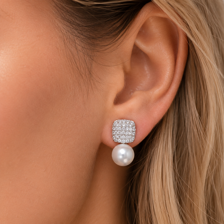Juliet | Vintage Pavé Square &amp; Faux Pearl Drop Earrings