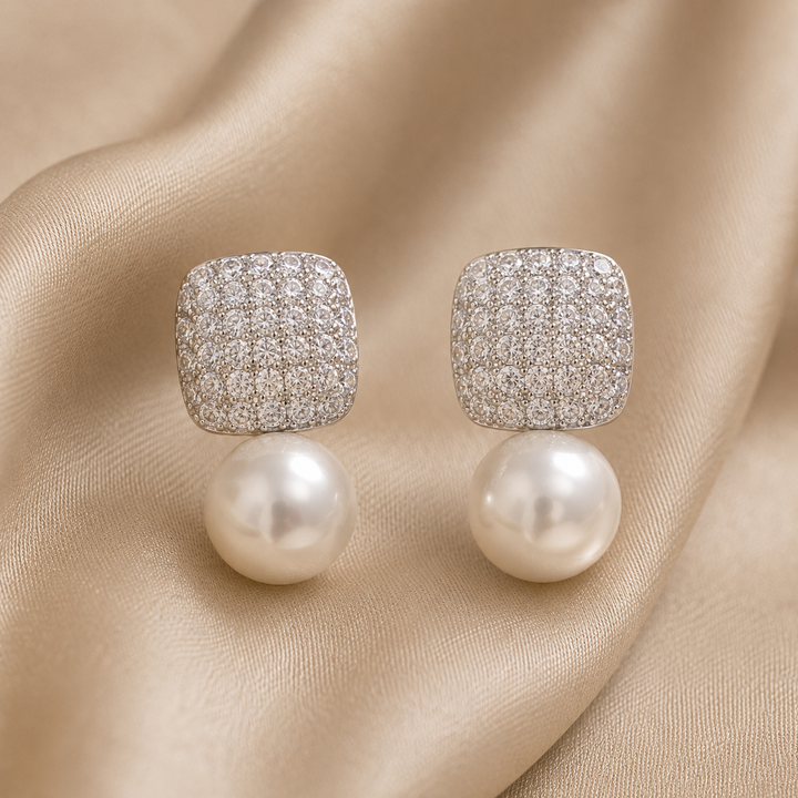 Juliet | Vintage Pavé Square &amp; Faux Pearl Drop Earrings