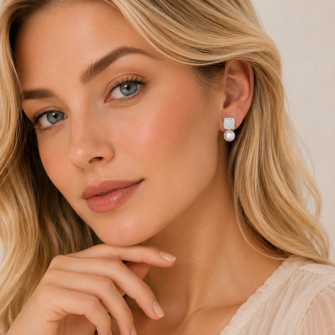 Juliet | Vintage Pavé Square &amp; Faux Pearl Drop Earrings
