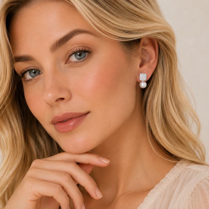 Juliet | Vintage Pavé Square &amp; Faux Pearl Drop Earrings