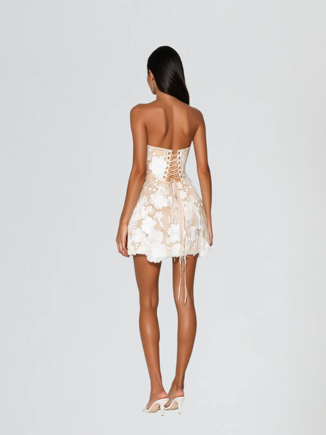 Danielle Strapless Flower Embroidered Mini Dress In White