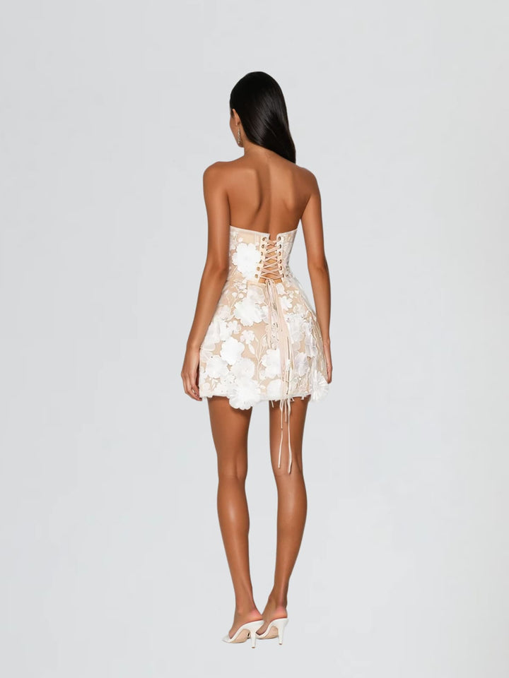 Danielle Strapless Flower Embroidered Mini Dress In White