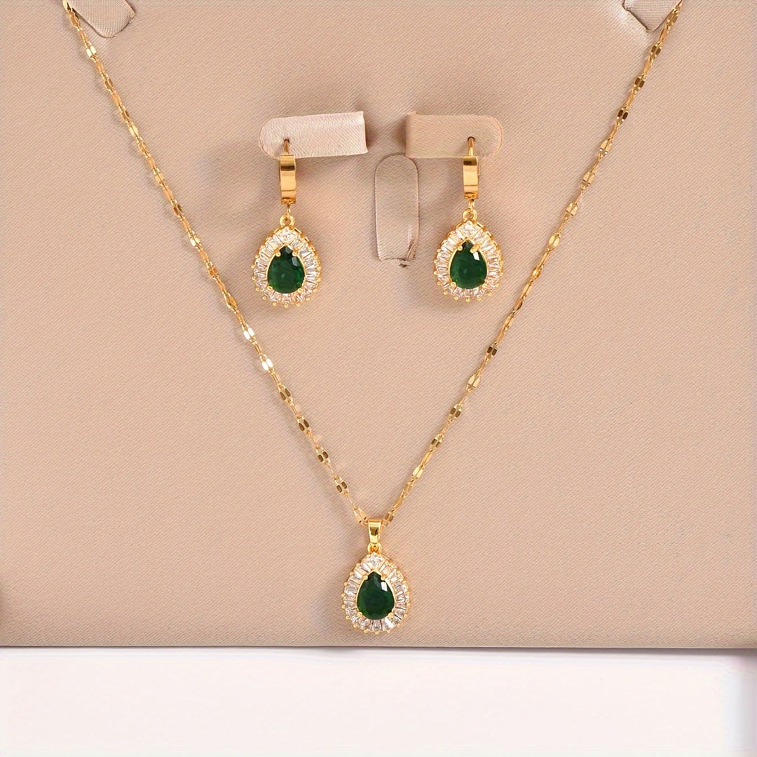 Esme | 18K Gold Plated Emerald Teardrop Pendant &amp; Earrings Jewelry Set