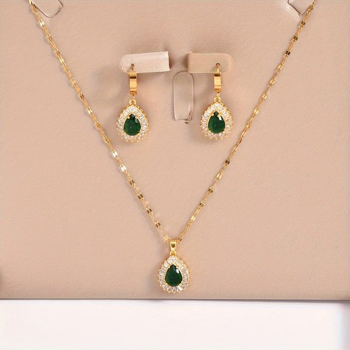 Esme | 18K Gold Plated Emerald Teardrop Pendant &amp; Earrings Jewelry Set