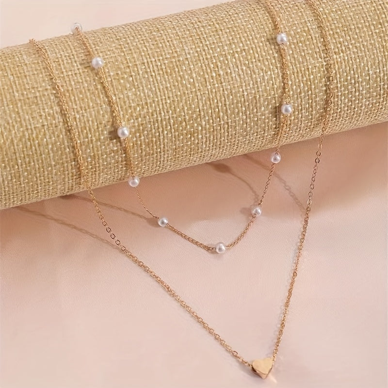 Amorette | Faux Pearl Station &amp; Heart Layered Necklace