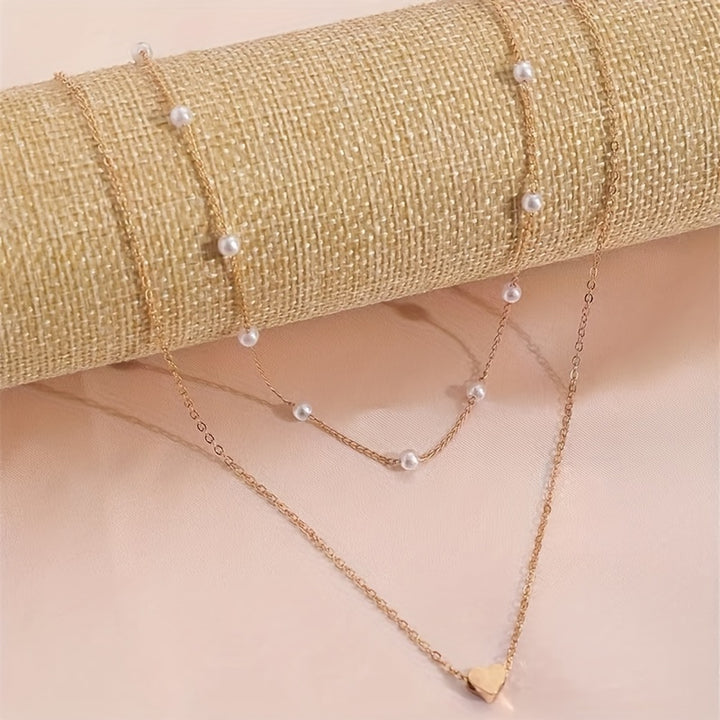 Amorette | Faux Pearl Station &amp; Heart Layered Necklace