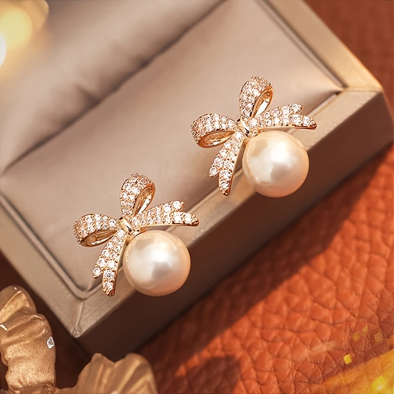 Eloise | Vintage Pavé Bow &amp; Faux Pearl Stud Earrings