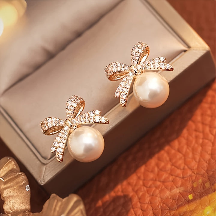 Eloise | Vintage Pavé Bow &amp; Faux Pearl Stud Earrings