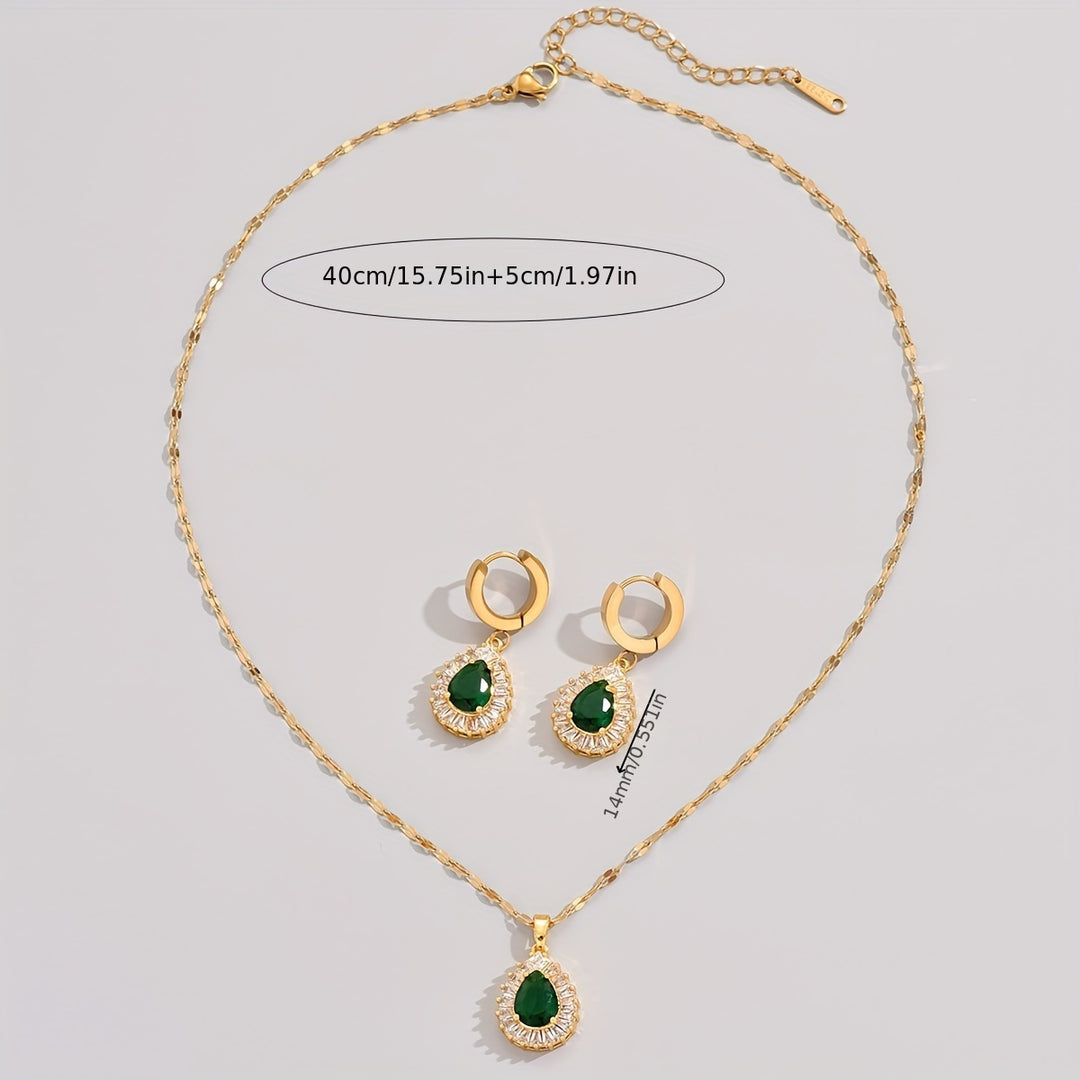 Esme | 18K Gold Plated Emerald Teardrop Pendant &amp; Earrings Jewelry Set