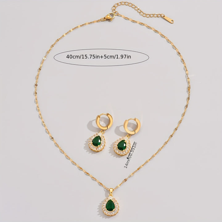 Esme | 18K Gold Plated Emerald Teardrop Pendant &amp; Earrings Jewelry Set