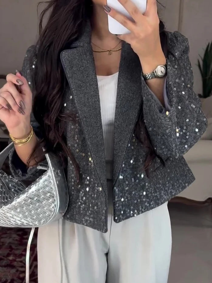 Grijze paillettenblazer - sprankelend satijnen feestjasje