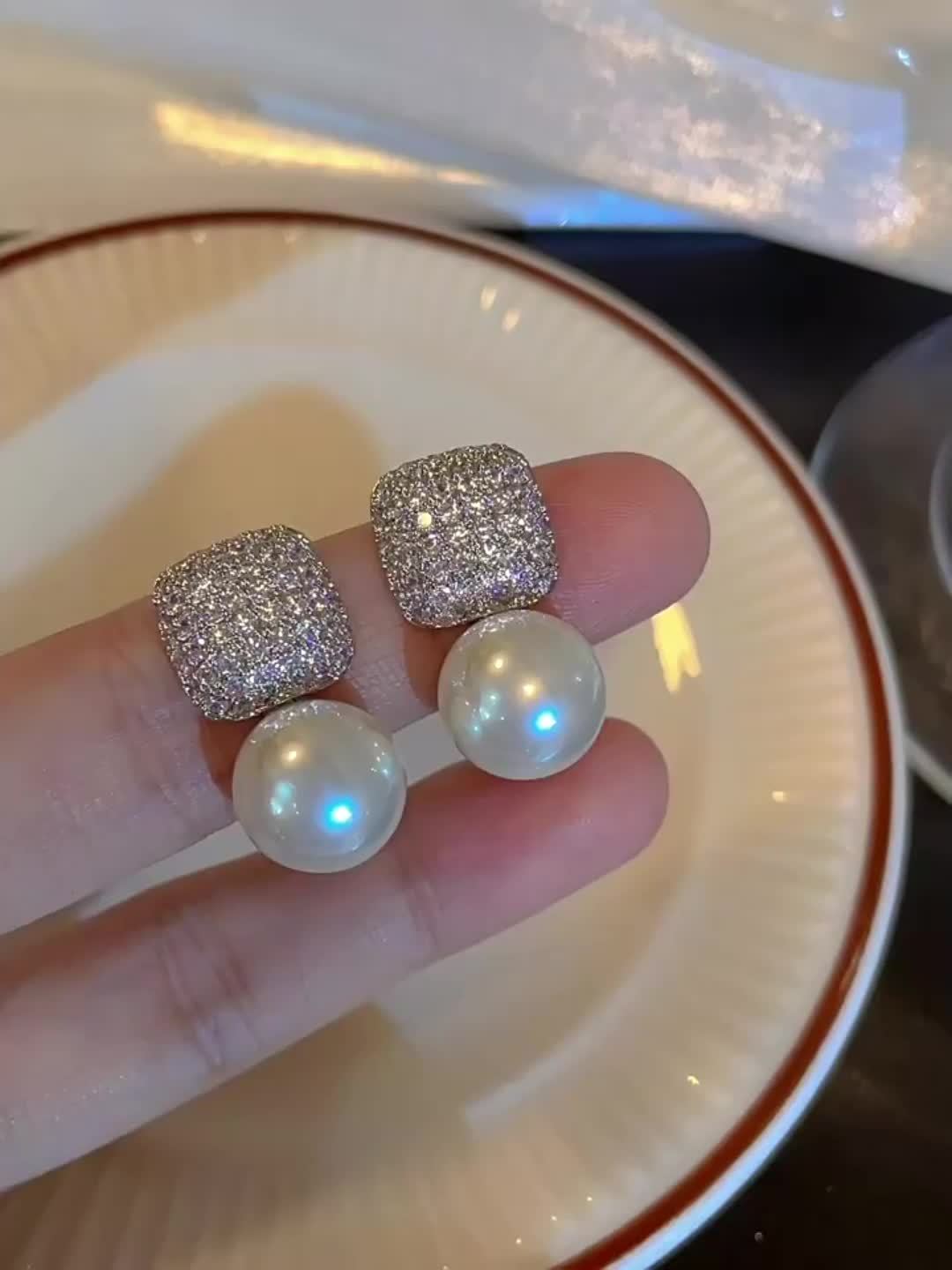 Juliet | Vintage Pavé Square &amp; Faux Pearl Drop Earrings
