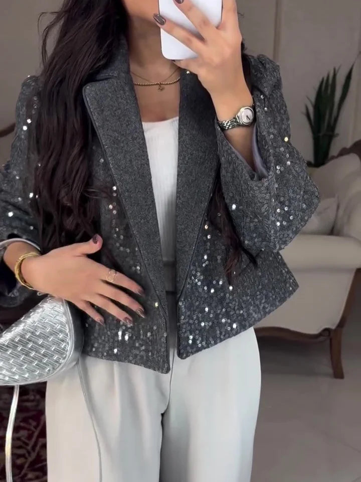 Grijze paillettenblazer - sprankelend satijnen feestjasje