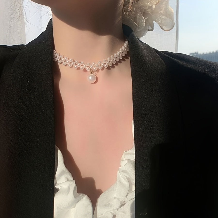 Cordelia | Woven Faux Pearl Choker with Drop Pendant