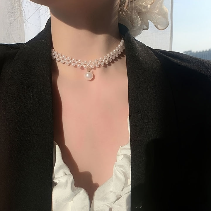 Cordelia | Woven Faux Pearl Choker with Drop Pendant