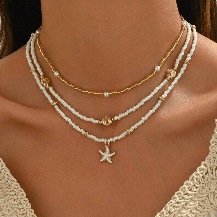 Mirella | Coastal Shell &amp; Starfish Beaded Choker Necklace Set