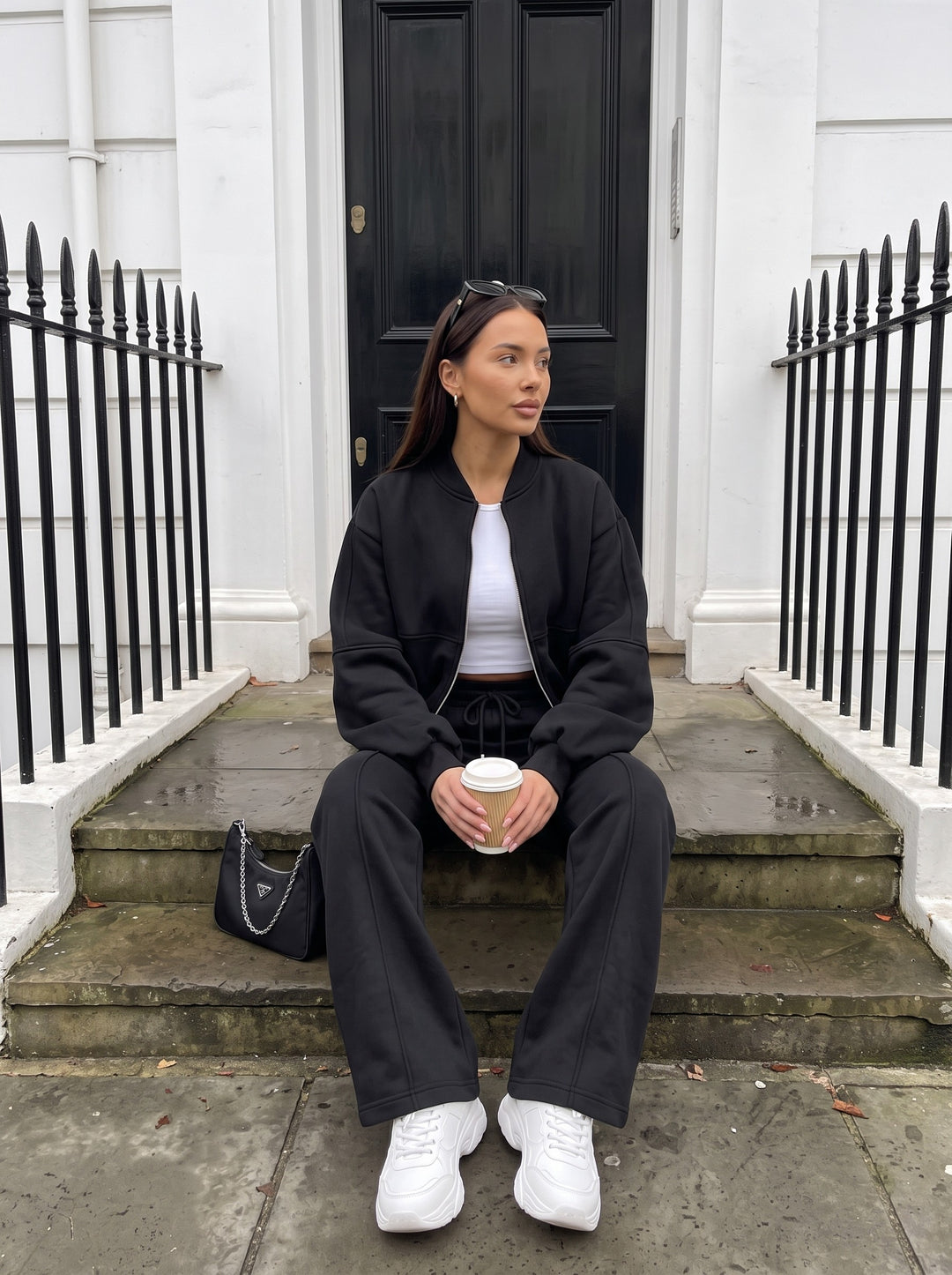 Ashlyn black cropped zip-up jacket and wide-leg trousers set