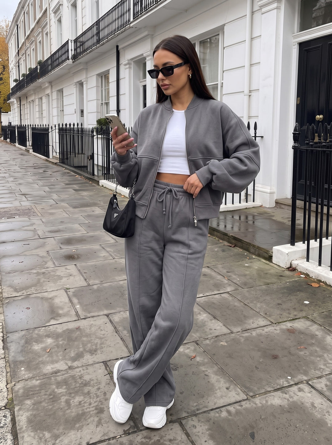 Ashlyn grey cropped zip-up jacket and wide-leg trousers set
