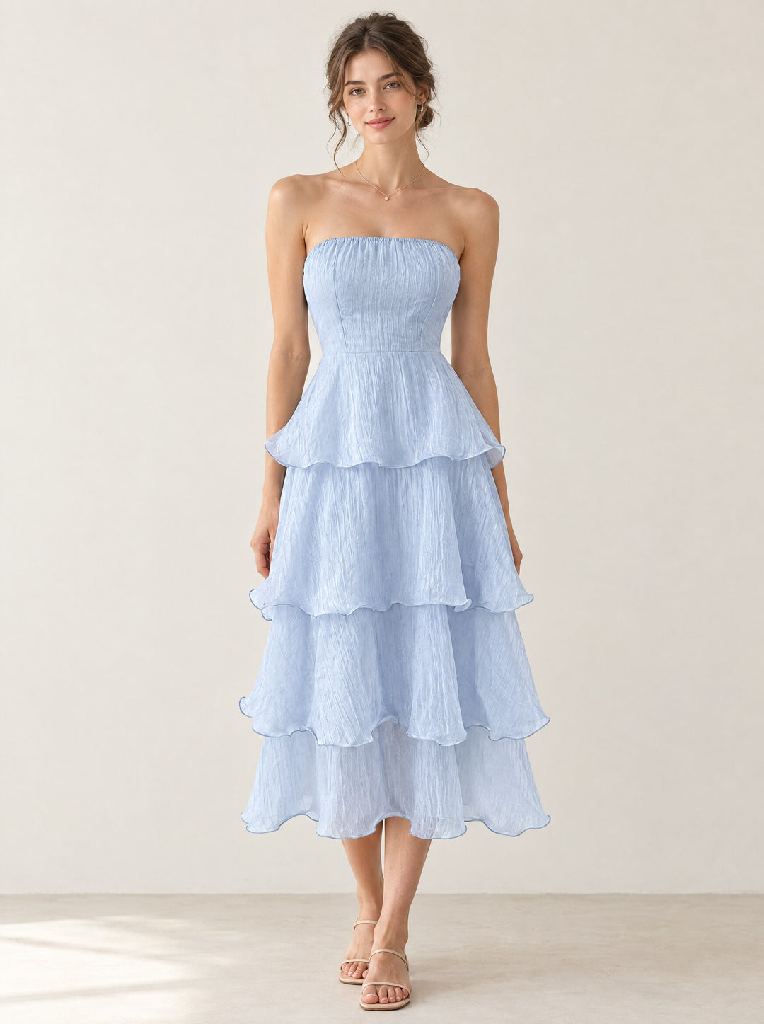 Aureli Tiered Midi Dress in Blue, front