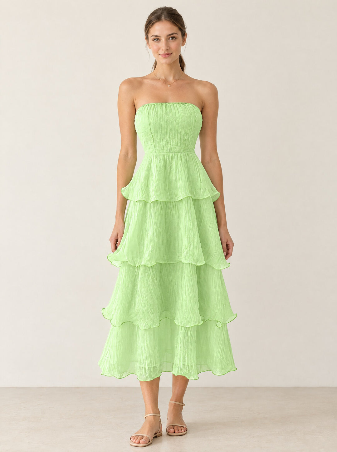Aureli Tiered Midi Dress in Green, front