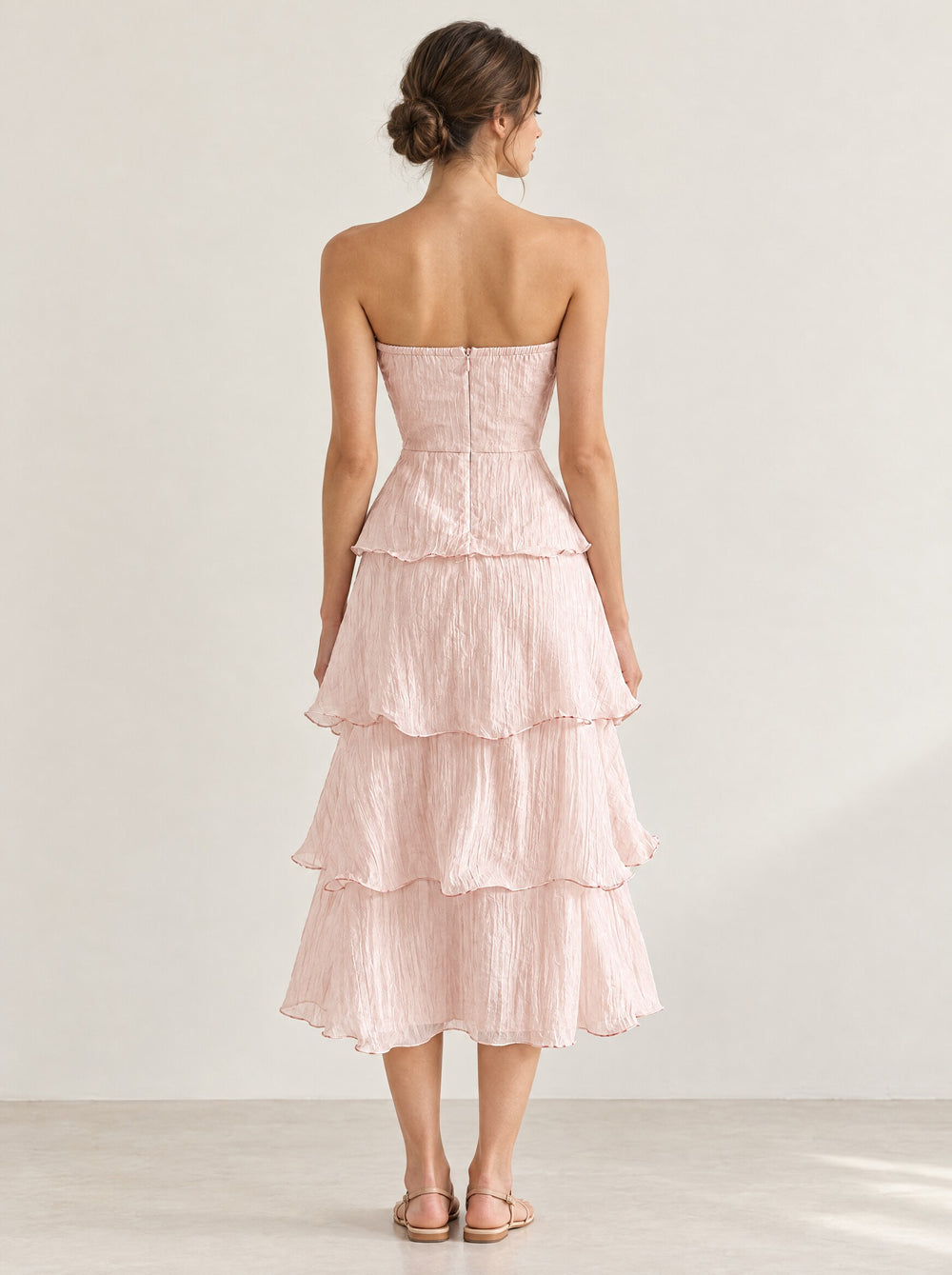 Aureli Tiered Midi Dress in Pink, front