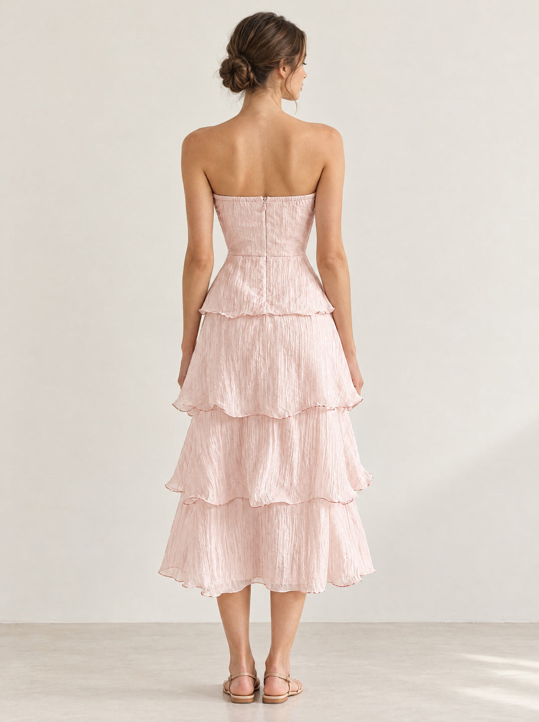 Aureli Tiered Midi Dress in Pink, back