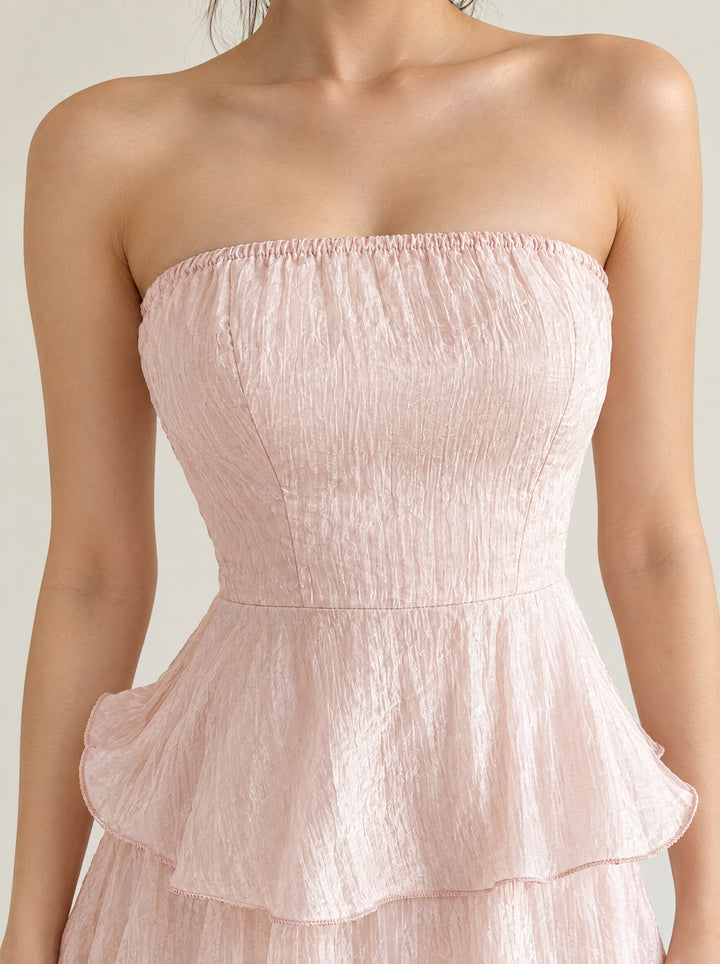 Aureli Tiered Midi Dress in Pink, bodice and fabric detail
