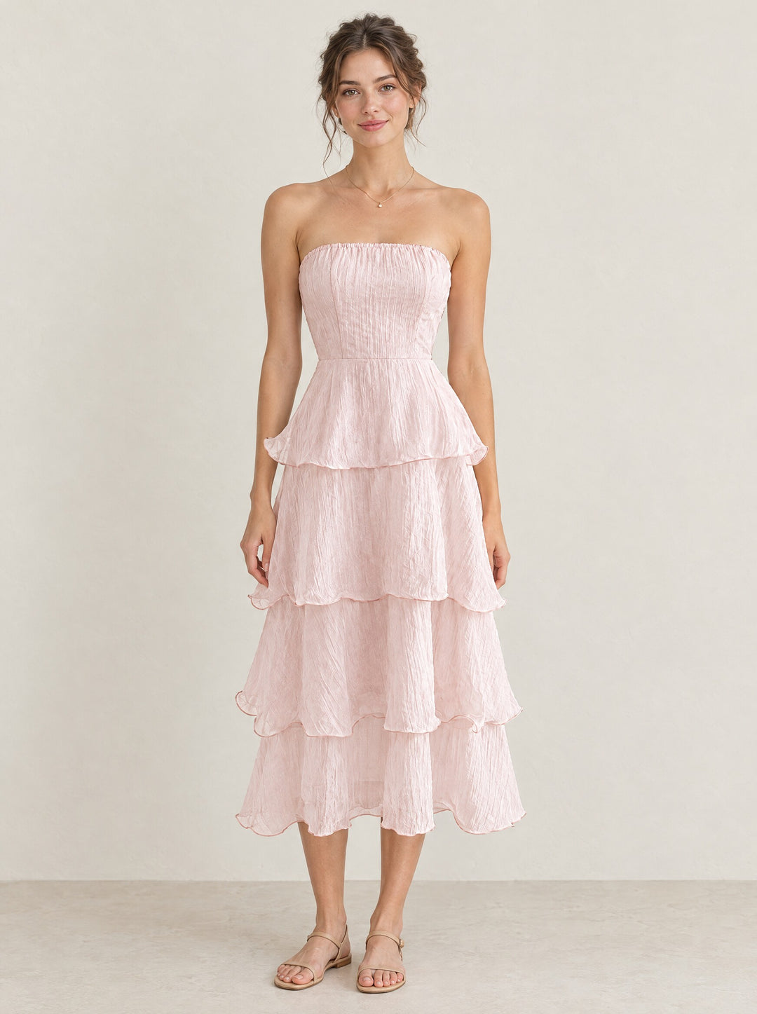 Aureli Tiered Midi Dress in Pink, front