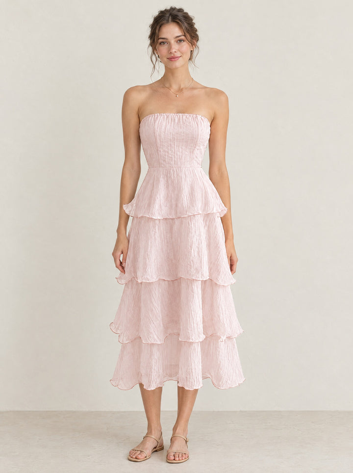 Aureli Tiered Midi Dress in Pink, front