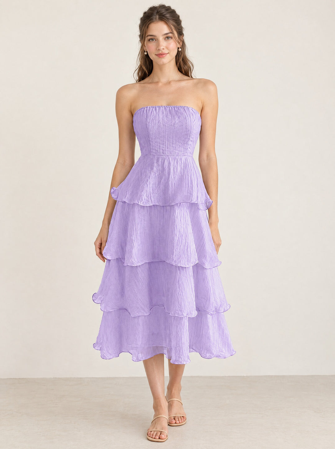Aureli Tiered Midi Dress in Purple, front