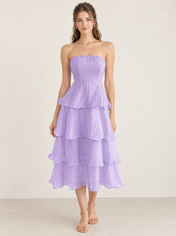 Aureli Tiered Midi Dress in Purple, front