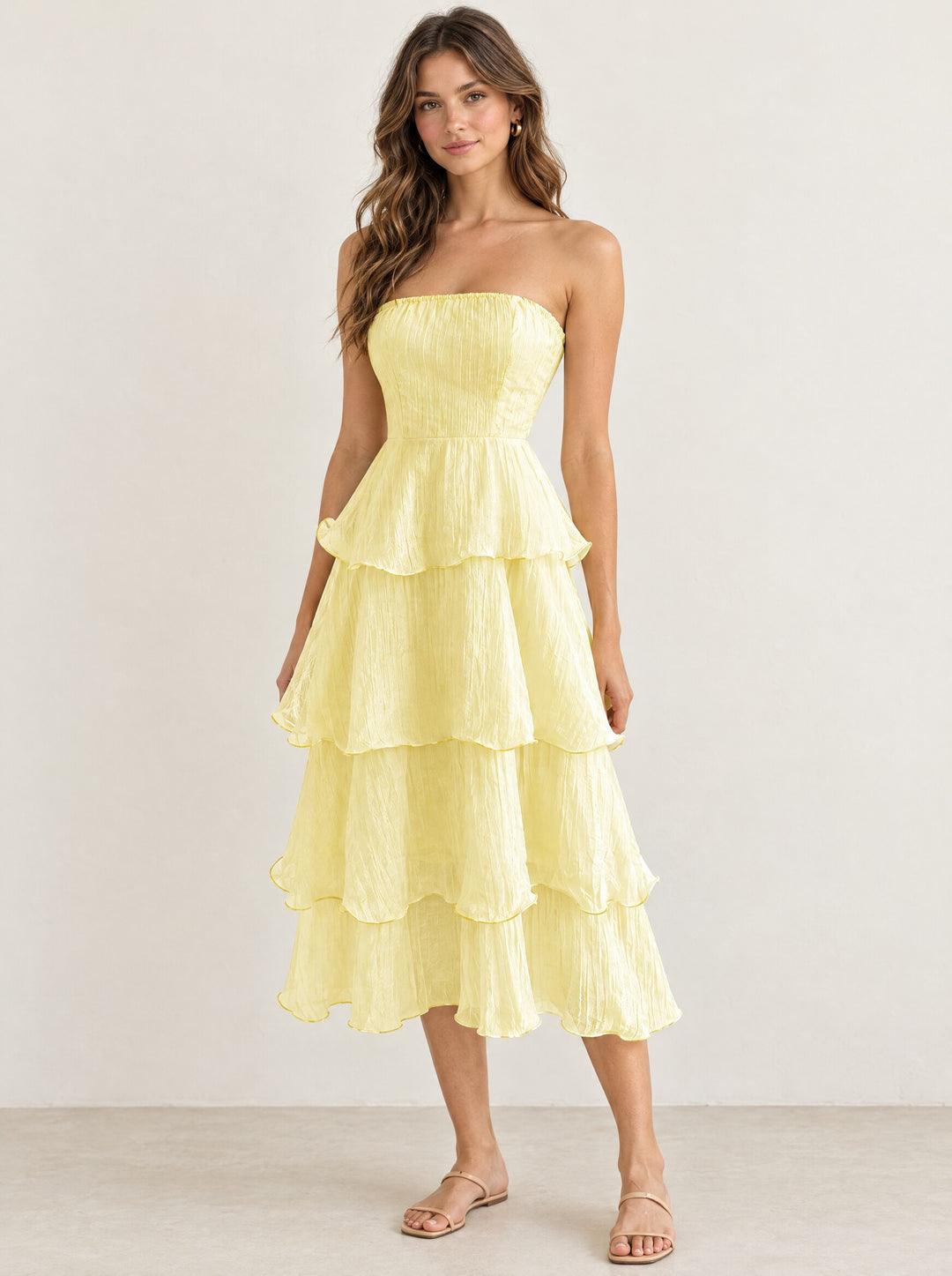 Aureli Tiered Midi Dress in Yellow, front