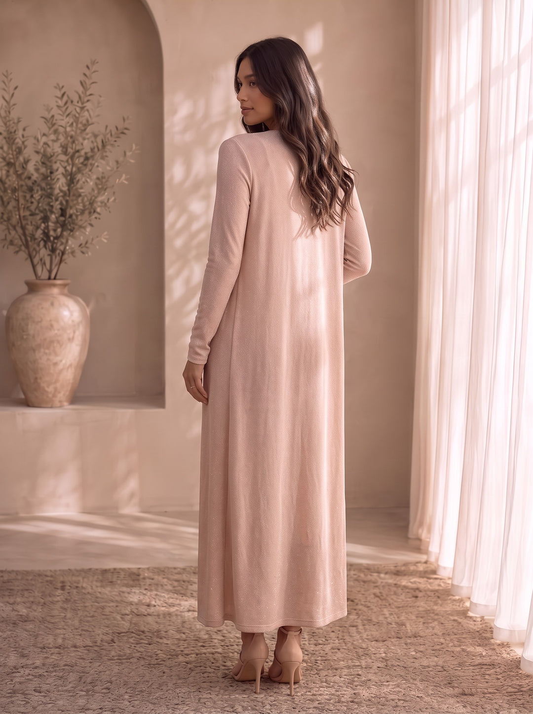 Camilla shimmer duster cardigan, back view, floor-length with long sleeves