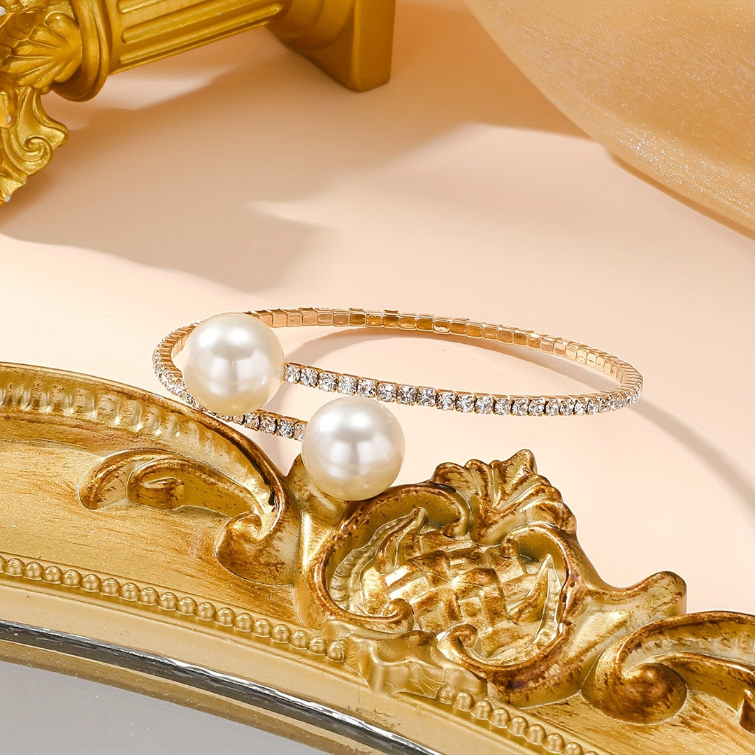 Isolde | Contemporary Pavé Bypass Faux Pearl Bangle